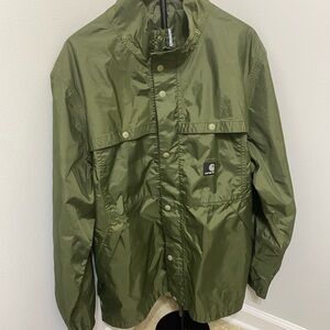 Carhartt J305 Army Green Greyling Waterproof Nylon Rain Windbreaker EUC no hood